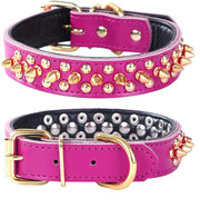 Pimaodog Spiked Studded Dog Collar Genuine Leather Dog Collar Adjustable Pet Collars for Small or Medium Pet (L Hot Pink)
