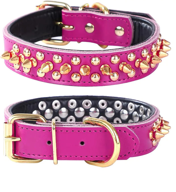 Pimaodog Spiked Studded Dog Collar Genuine Leather Dog Collar Adjustable Pet Collars for Small or Medium Pet (L Hot Pink)