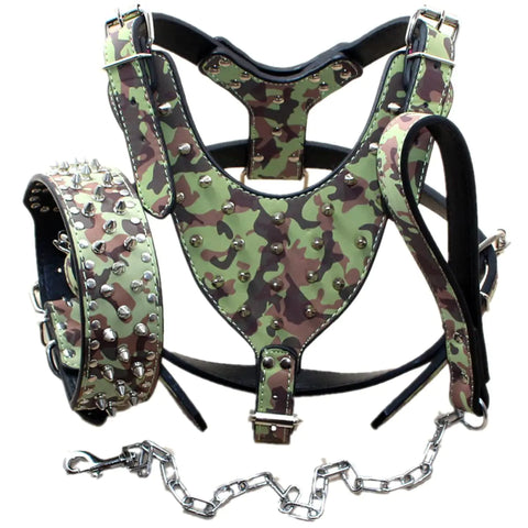 Haoyueer Leather Spiked Studded Medium & Large Dog Collars Harnesses & Chain Leashes 3Pcs Matching Set for Pit BullMastiff Boxer Bull Terrier