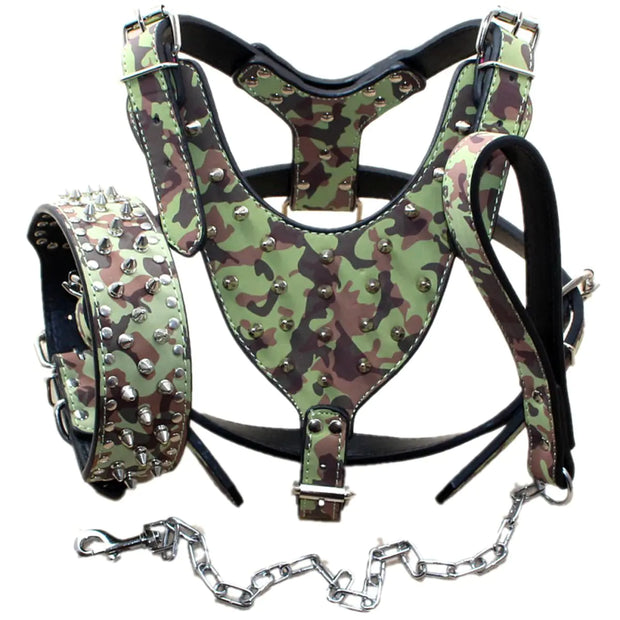 Haoyueer Leather Spiked Studded Medium & Large Dog Collars Harnesses & Chain Leashes 3Pcs Matching Set for Pit BullMastiff Boxer Bull Terrier
