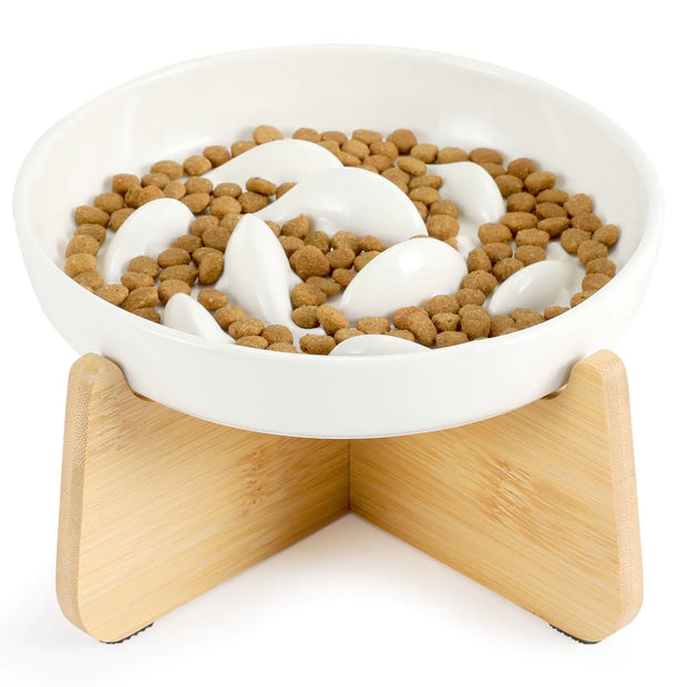 Elevated Ceramic Slow Feed Dish with Stand for Cats and Small Dogs Fish Pool Design Pet Slow Feeder with Higher Edges Healthy Eating Diet Made of Safe and Quality Material(Ceramic*White)