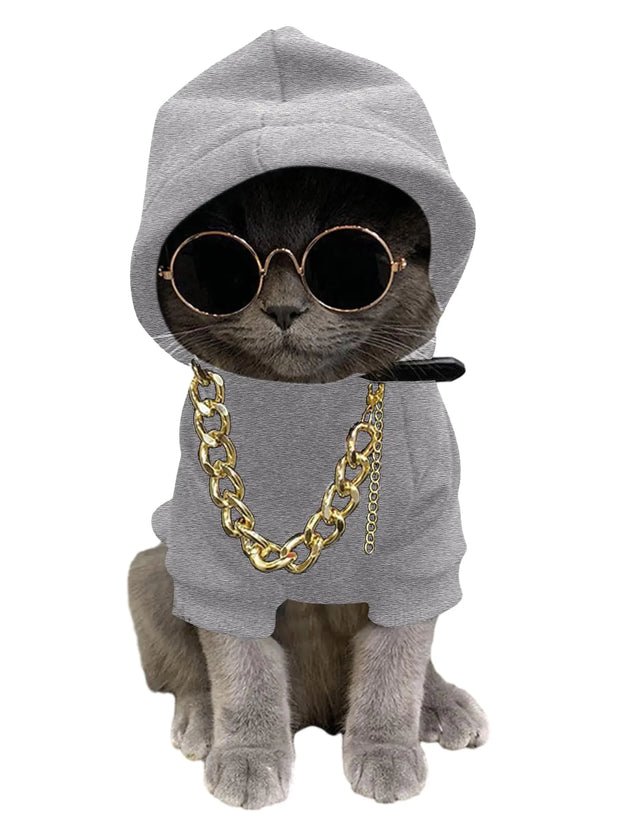 QWINEE 3Pcs Dog Hoodie Cat Apparel Dog Custume Set with Necklace and Sunglasses Pet Clothes for Puppy Small Medium Dogs Cats Grey S