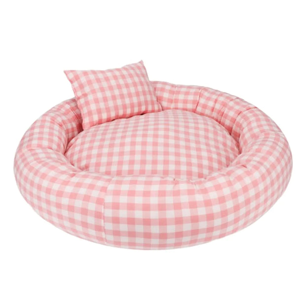 Gingham Pet Bed for All Season Padded Pet Lounge for Cats Comfy and Cute Pet Bed for Small Dogs (PinkS)