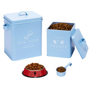 Meraki Home Small Dog Food Container and Dog Treat Container - Tight Lids - Feed Scoop and Pet Food Bowl - Farmhouse Metal Pet Storage Bin - Matte Blue